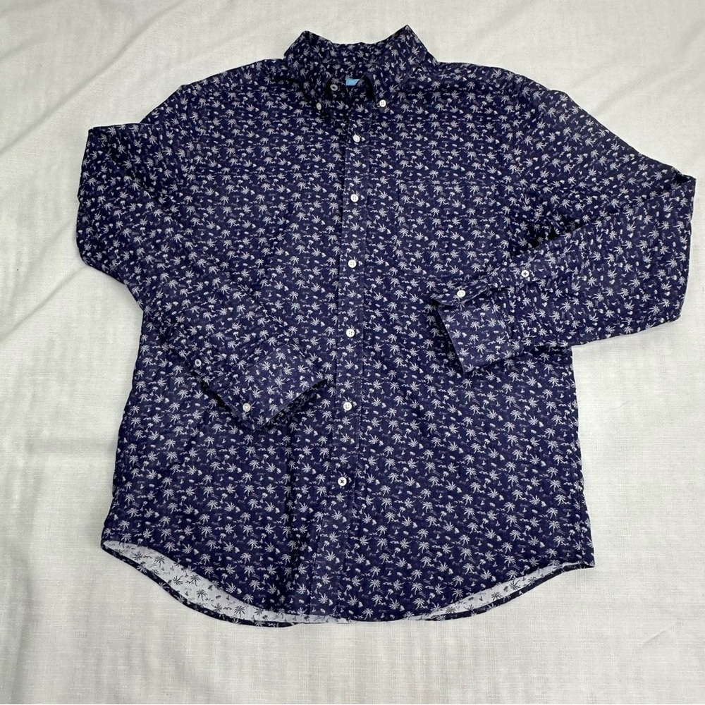 J. McLaughlin Men's Medium Blue Palm Tree Cotton Long Sleeve Button Down Shirt - Picture 9 of 12